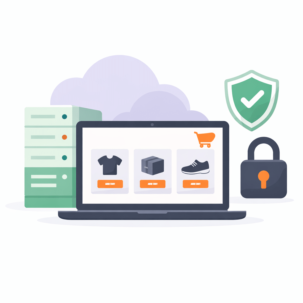 Webshop hosting illustratie met veilige en stabiele hosting voor mkb-webshops